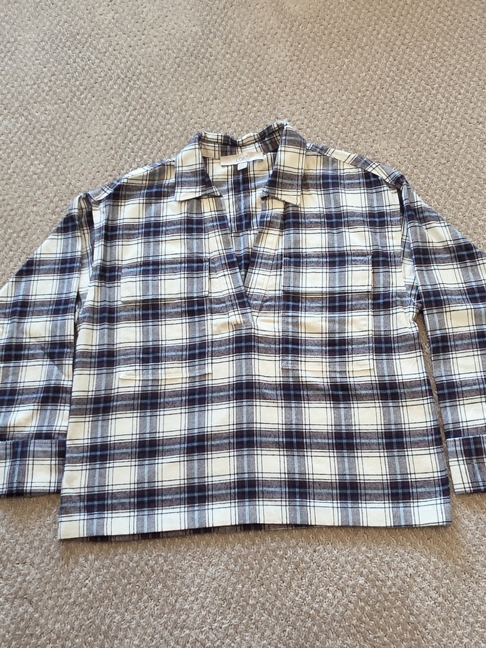 LOFT Plaid Women's Pullover Flannel Blouse - Navy and White